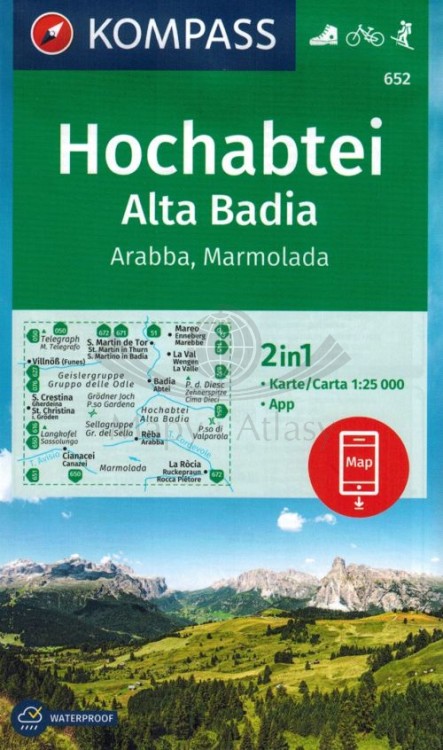Hochabtei, Alta Badia. Wodoodporna mapa turystyczna 652 wydawnictwa Kompass. Okładka