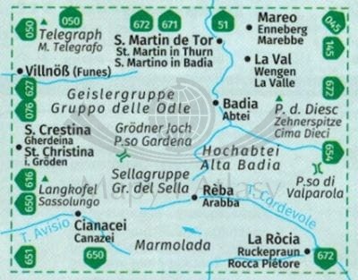 Hochabtei, Alta Badia. Wodoodporna mapa turystyczna 652 wydawnictwa Kompass. Zasięg