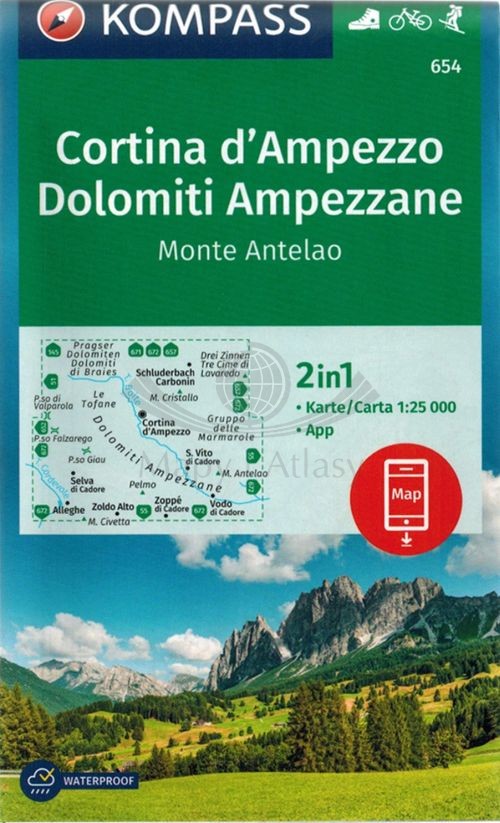 Cortina d'Ampezzo. Dolomiti Ampezzane. Wodoodporna mapa turystyczna 654. Kompass