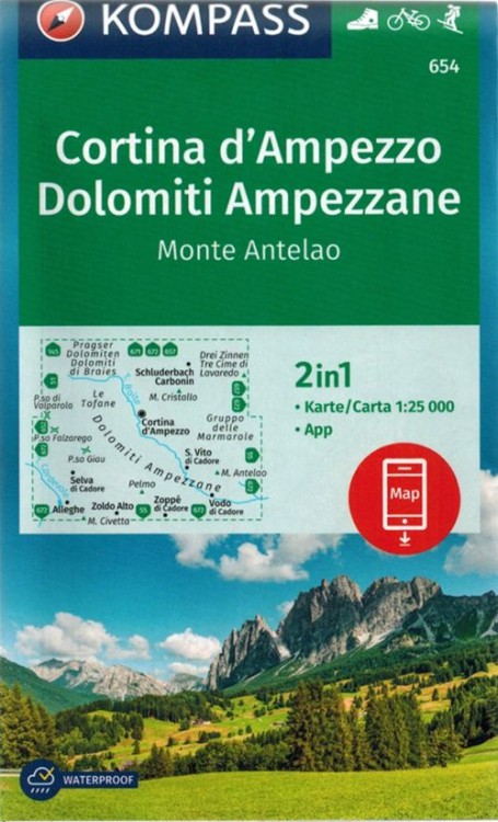 Cortina d'Ampezzo. Dolomiti Ampezzane. Wodoodporna mapa turystyczna 654 wydawnictwa Kompass. Okładka