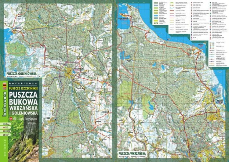 Puszcza Bukowa, Wkrzańska i Goleniowska. Laminowana mapa turystyczna wydawnictwa EKO-MAP. Pierwsza stronna