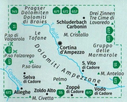 Cortina d'Ampezzo. Dolomiti Ampezzane. Wodoodporna mapa turystyczna 654 wydawnictwa Kompass. Zasięg