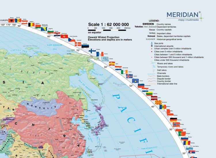 The World political map / Świat 1:22 000 000. Mapa ścienna polityczna. Język angielski. Drewniane półwałki