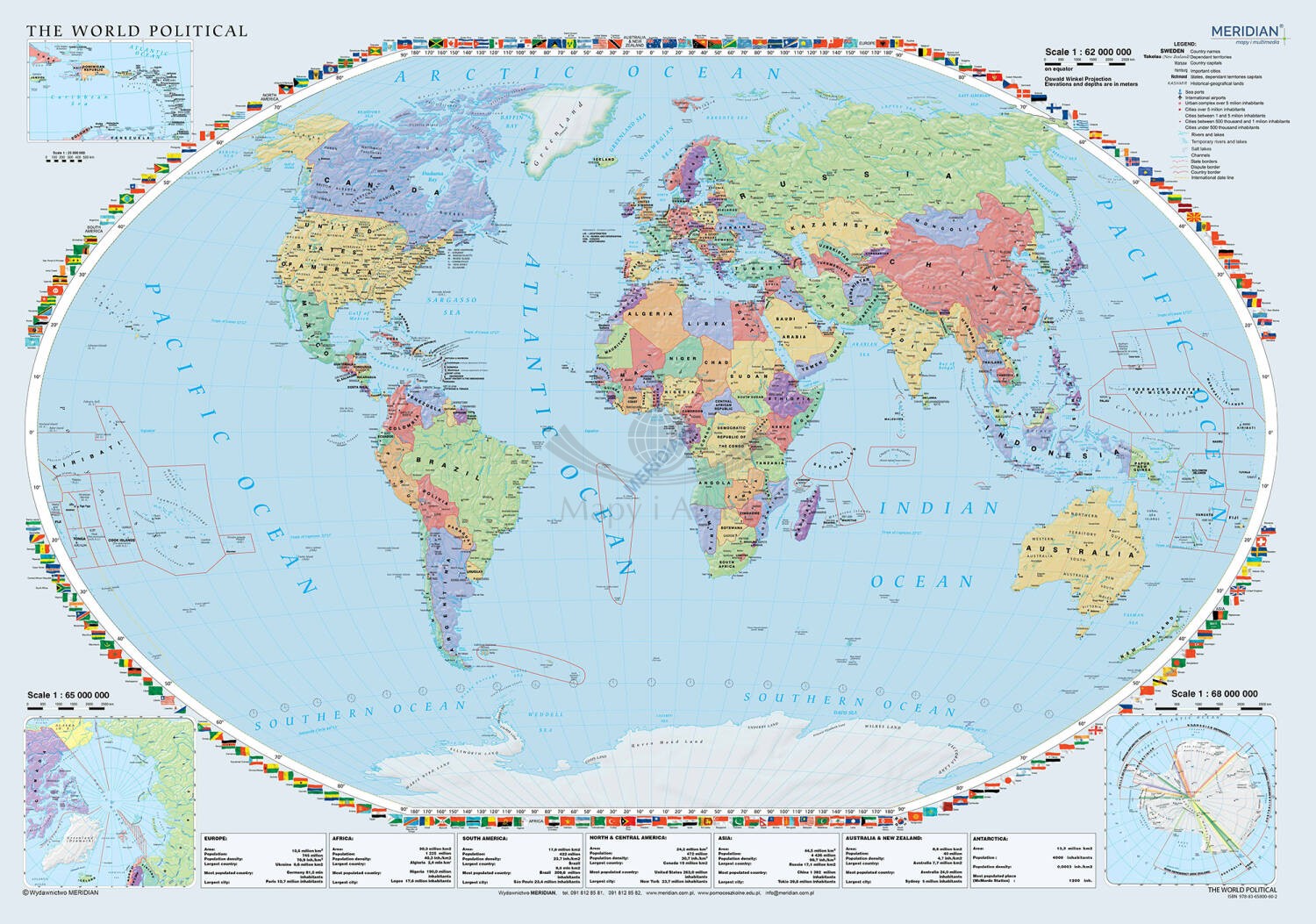 The World political map / Świat 1:26 000 000. Mapa ścienna polityczna. Język angielski. Drewniane półwałki