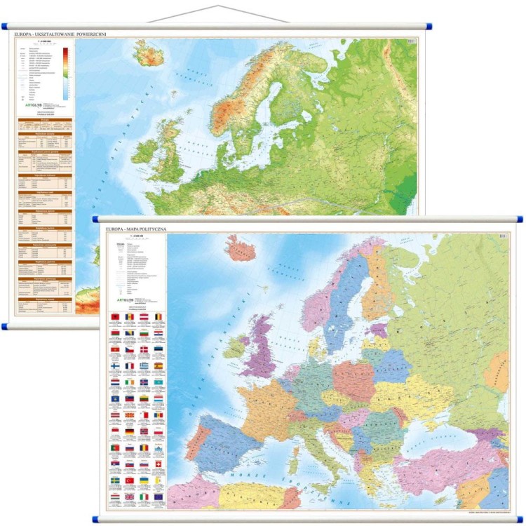 Europa 1:4 500 000. Dwustronna mapa ścienna. Polityczna i fizyczna