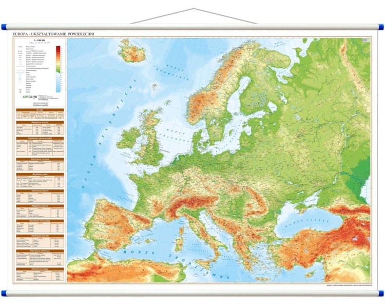 Europa 1:4 500 000. Dwustronna mapa ścienna. Polityczna i fizyczna. Strona fizyczna