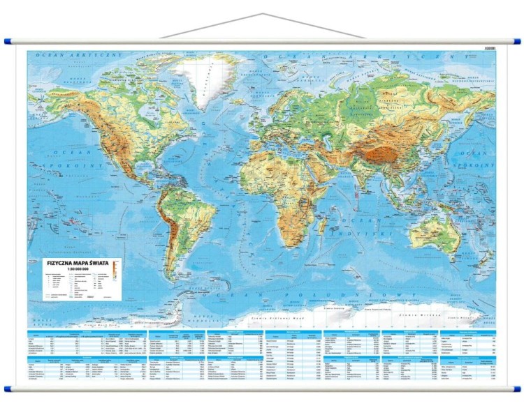 Świat 1:30 000 000. Dwustronna mapa ścienna. Polityczna i fizyczna. Strona fizyczna