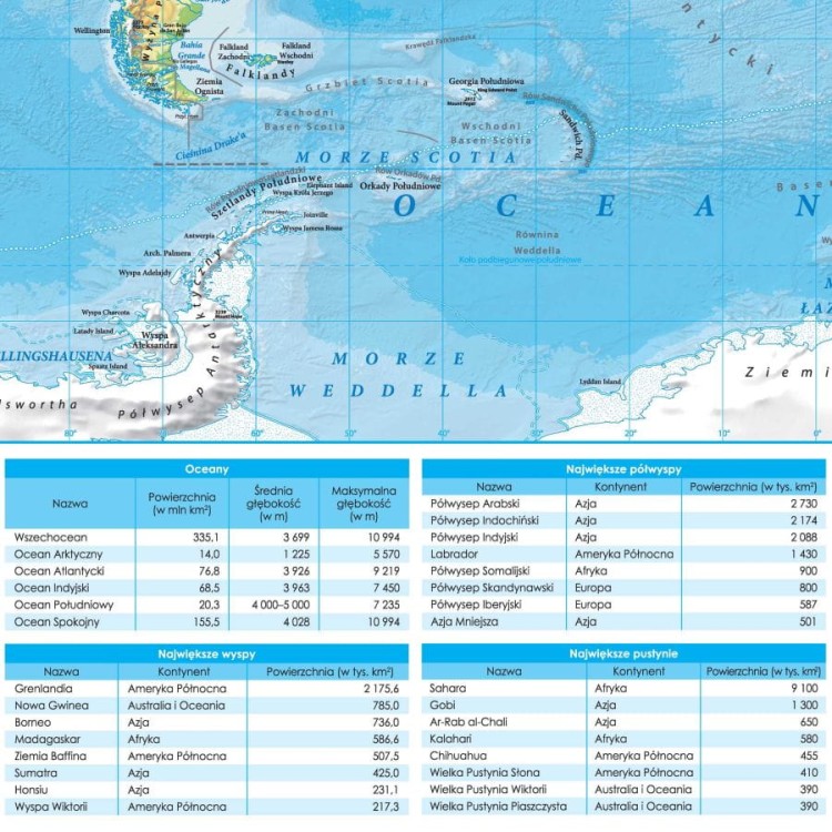Świat 1:30 000 000. Dwustronna mapa ścienna. Polityczna i fizyczna. Strona fizyczna - fragment 4