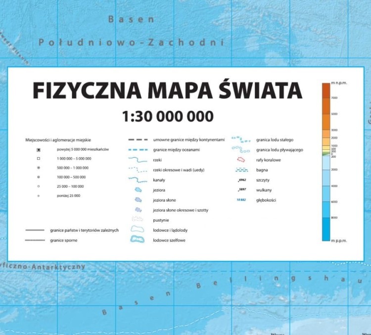 Świat 1:30 000 000. Dwustronna mapa ścienna. Polityczna i fizyczna. Strona fizyczna - legenda