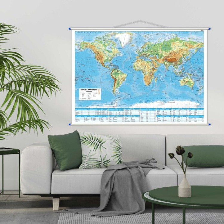 Świat 1:30 000 000. Dwustronna mapa ścienna. Polityczna i fizyczna. Strona fizyczna - przykład aranżacji