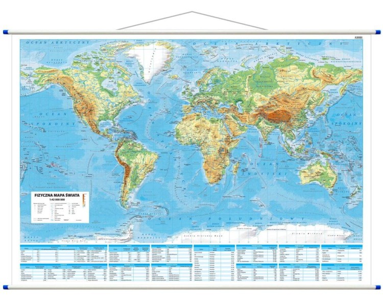 Świat 1:42 000 000. Dwustronna mapa ścienna. Polityczna i fizyczna. Strona fizyczna