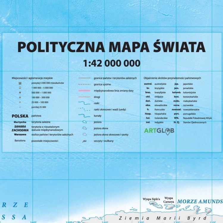 Świat 1:42 000 000. Dwustronna mapa ścienna. Polityczna i fizyczna. Strona polityczna - legenda