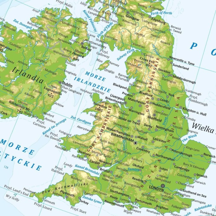 Europa 1:6 500 000. Dwustronna mapa ścienna. Polityczna i fizyczna. Strona fizyczna - fragment 2