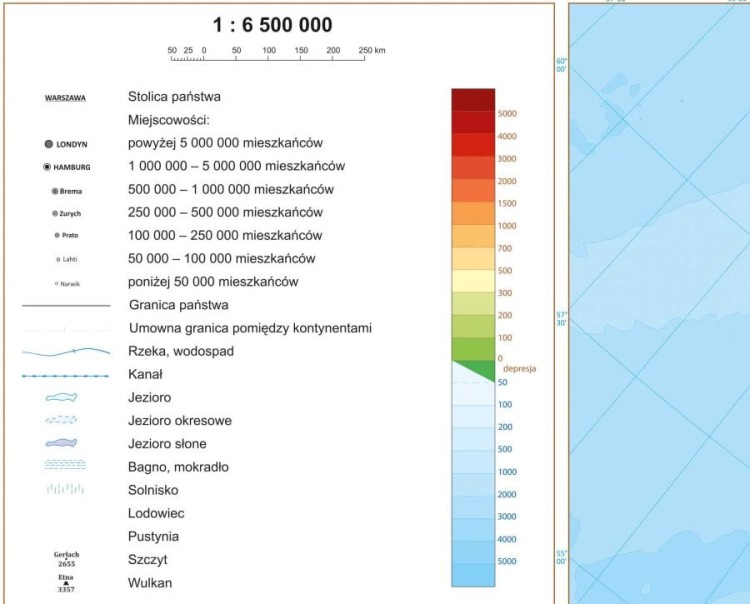Europa 1:6 500 000. Dwustronna mapa ścienna. Polityczna i fizyczna. Strona fizyczna - legenda