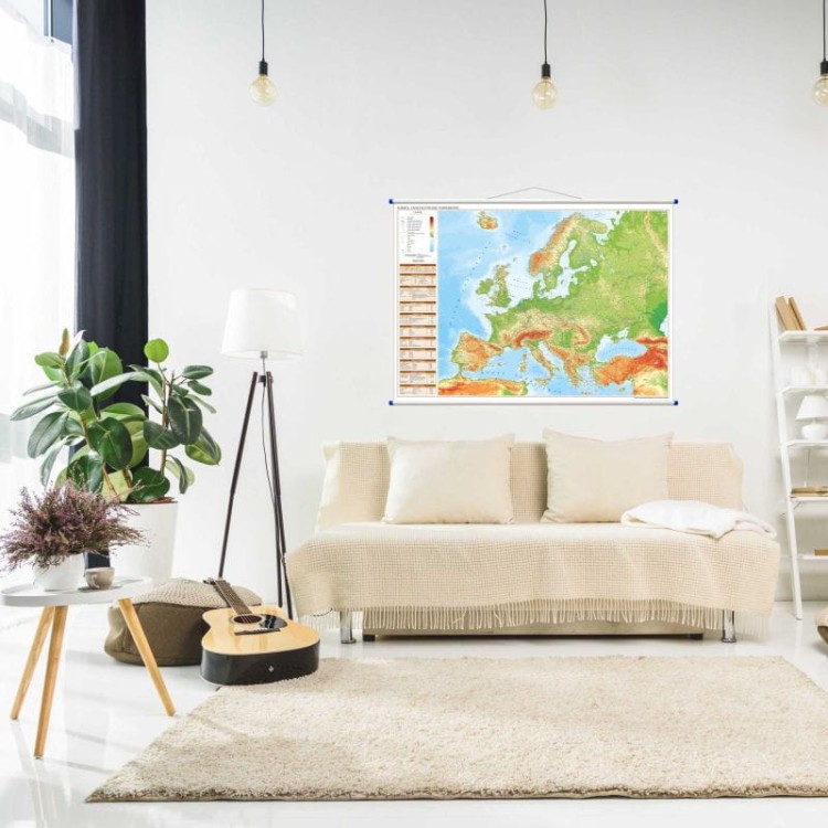 Europa 1:6 500 000. Dwustronna mapa ścienna. Polityczna i fizyczna. Strona fizyczna - przykład aranżacji