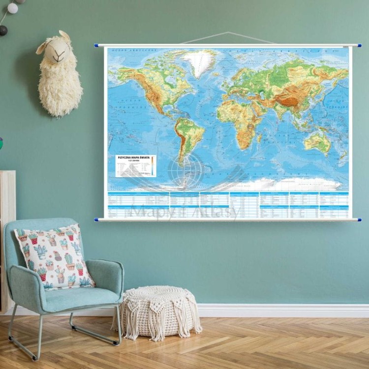 Świat 1:21 200 000. Mapa ścienna fizyczna. Przykład aranżacji