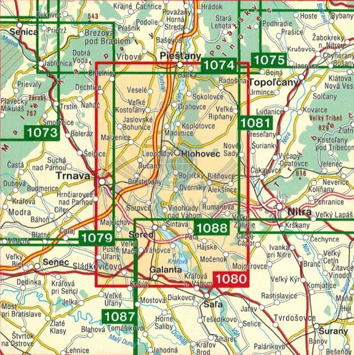 Dolina Wagu / Povazie, Hlohovec. Mapa turystyczna 1080 wydawnictwa Shocart. Zasięg