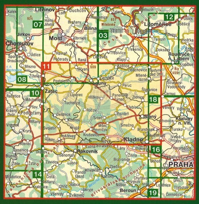 Lounsko, Dzban. Louny, Kladno. Mapa turystyczna 11 wydawnictwa Shocart. Zasięg