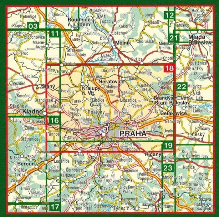 Praga. Północne okolice Pragi / Okoli Prahy - Sever. Mapa turystyczna 18 wydawnicta Shocart. Zasięg