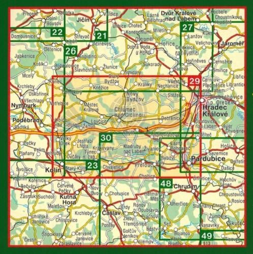 Stredni Polabi, Hradec Kralove, Pardubice, Kolin. Mapa turystyczna 29 wydawnictwa Shocart. Zasięg