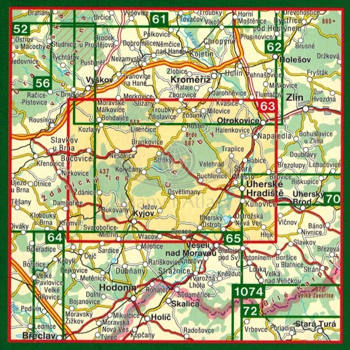 Slovacko, Chriby. Mapa turystyczna 63 wydawnictwo Shocart. Zasięg