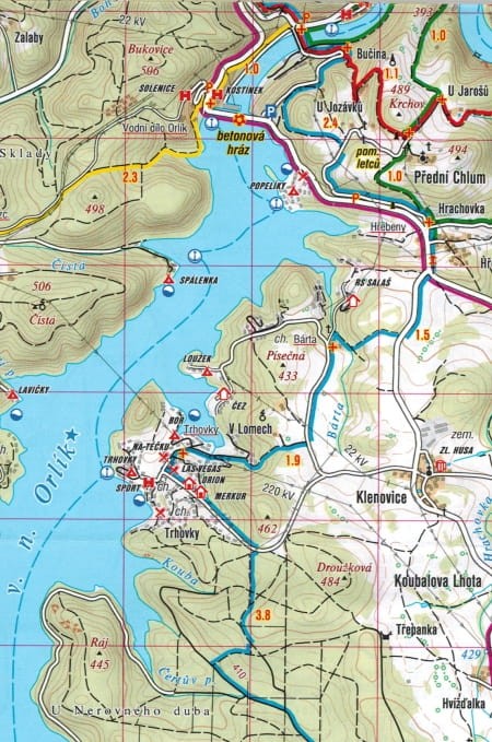 Sedlcansko, Slapy. Mapa turystyczna 420 wydawnictwa Shocart. Fragment 1