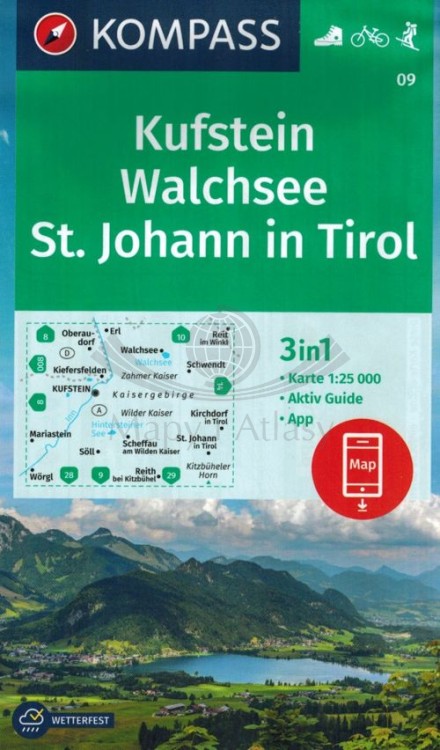 Kufstein, Walchsee, St. Johann in Tirol. Wodoodporna mapa turystyczna 09 wydawnictwa Kompass. Okładka