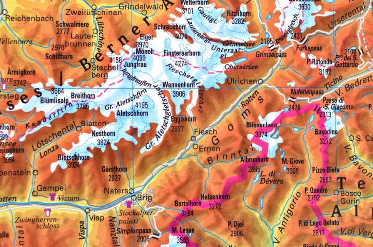 Szwajcaria. Mapa ścienna fizyczna. Drewniane półwałki. Stiefel. Fragment 3