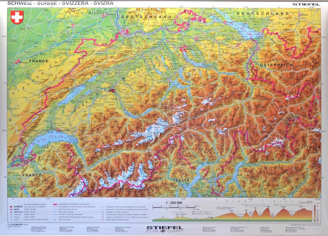 Szwajcaria. Mapa ścienna fizyczna. Drewniane półwałki. Stiefel