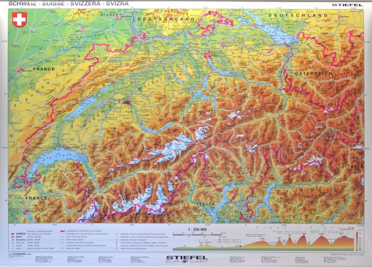 Szwajcaria. Mapa ścienna fizyczna. Drewniane półwałki. Stiefel