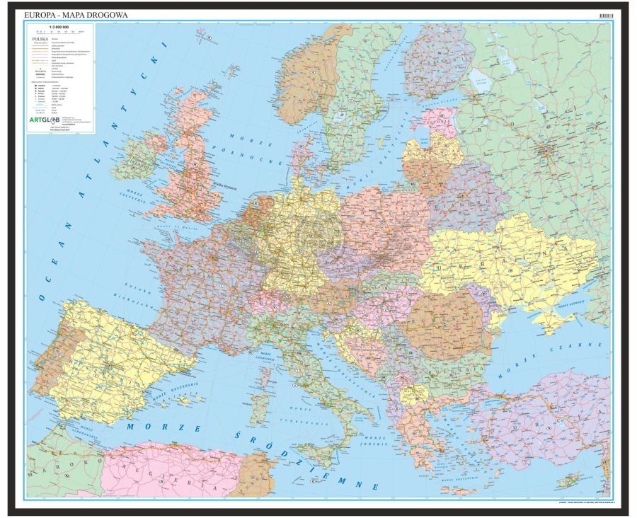 Europa 1:3 000 000. Mapa drogowa w ramie drewnianej