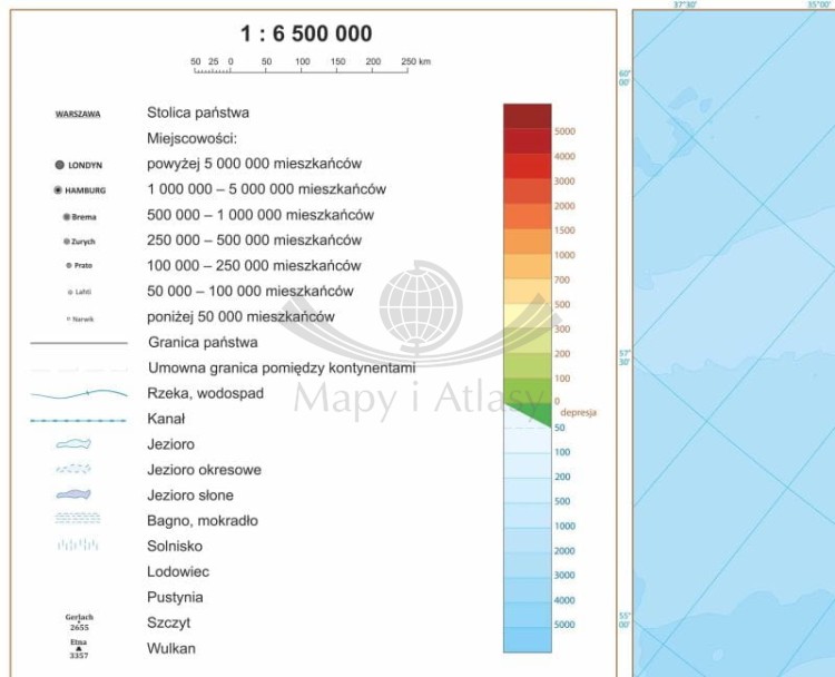 Europa 1:6 500 000. Arkusz, mapa ścienna fizyczna. Legenda