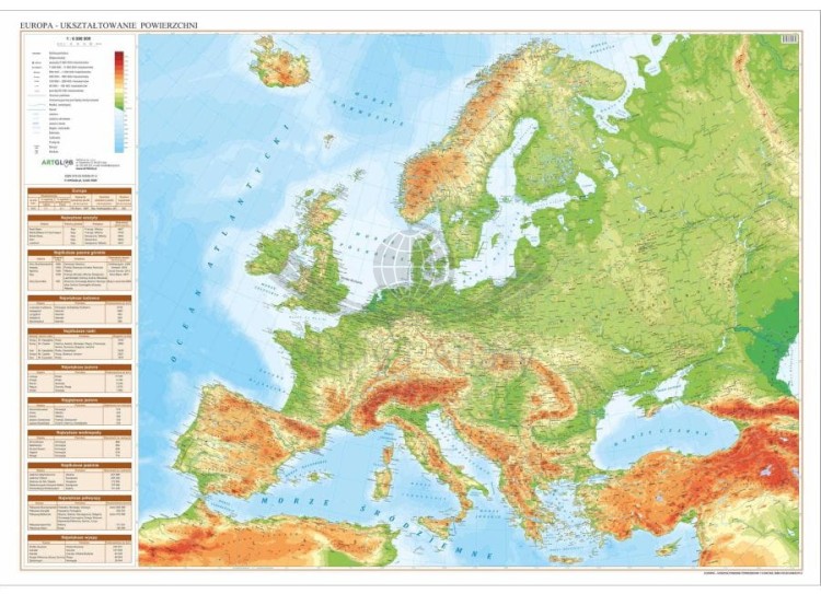 Europa 1:6 500 000. Arkusz, mapa ścienna fizyczna