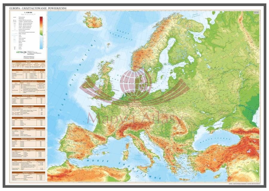 Europa 1:6 500 000. Mapa fizyczna w ramie drewnianej