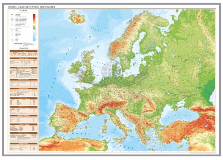 Europa 1:6 500 000. Mapa fizyczna. Wersja do wpinania