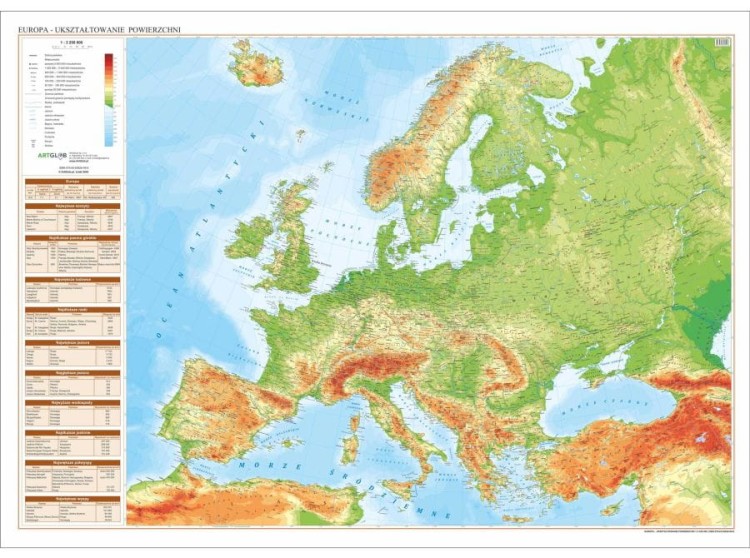 Europa 1:3 250 000. Arkusz, mapa ścienna fizyczna