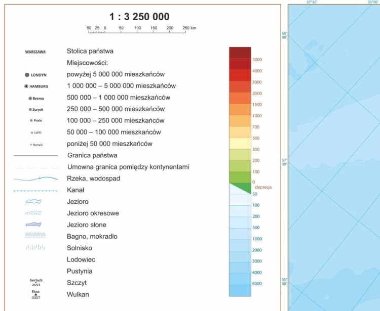 Europa 1:3 250 000. Arkusz, mapa ścienna fizyczna. Legenda