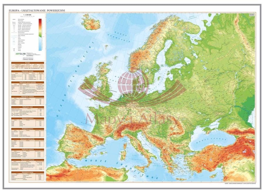 Europa 1:3 250 000. Mapa fizyczna. Wersja do wpinania