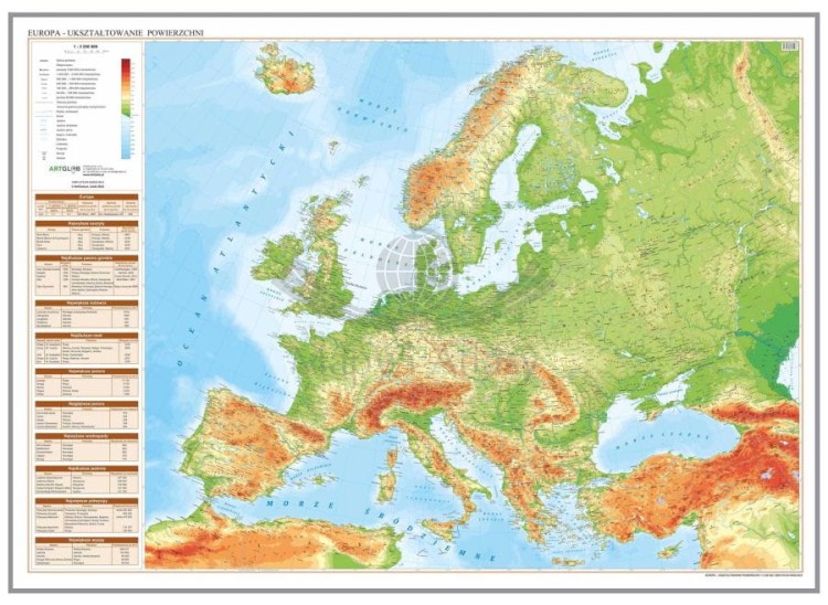 Europa 1:3 250 000. Mapa fizyczna. Wersja do wpinania