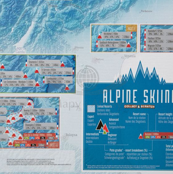 Ośrodki narciarskie w Alpach. Mapa zdrapka wydawnictwa Maps International. Fragment 1