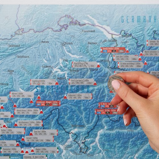 Ośrodki narciarskie w Alpach. Mapa zdrapka wydawnictwa Maps International. Fragment 2