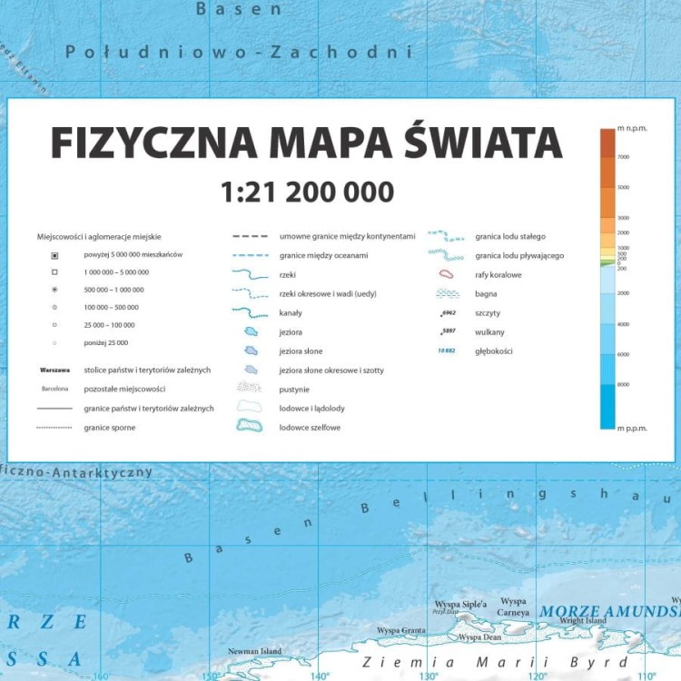 Świat 1:21 200 000. Arkusz, mapa ścienna fizyczna. Legenda