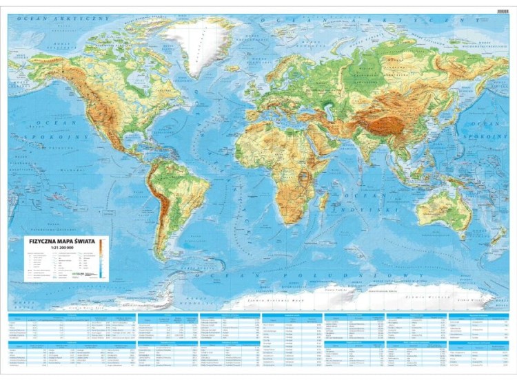 Świat 1:21 200 000. Arkusz, mapa ścienna fizyczna