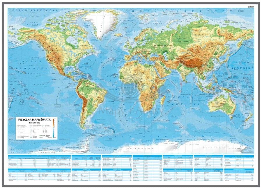 Świat 1:21 200 000. Mapa fizyczna. Wersja do wpinania