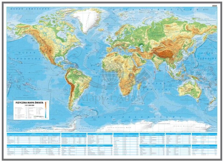 Świat 1:21 200 000. Mapa fizyczna. Wersja do wpinania