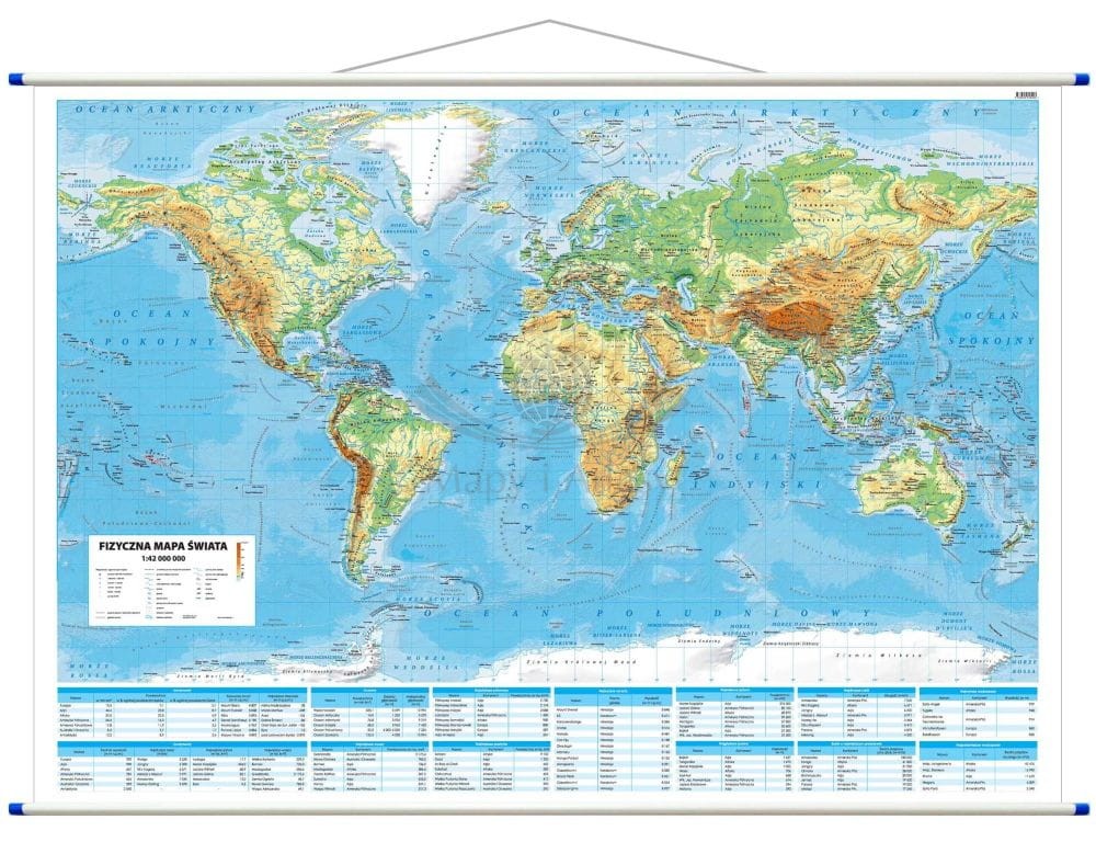 Świat 1:42 000 000. Mapa ścienna fizyczna