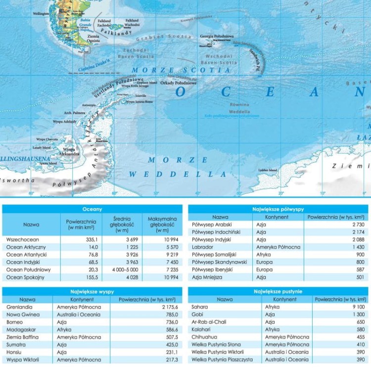 Świat 1:42 000 000. Mapa ścienna fizyczna. Fragment 3