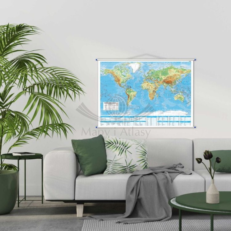 Świat 1:42 000 000. Mapa ścienna fizyczna. Przykład aranżacji