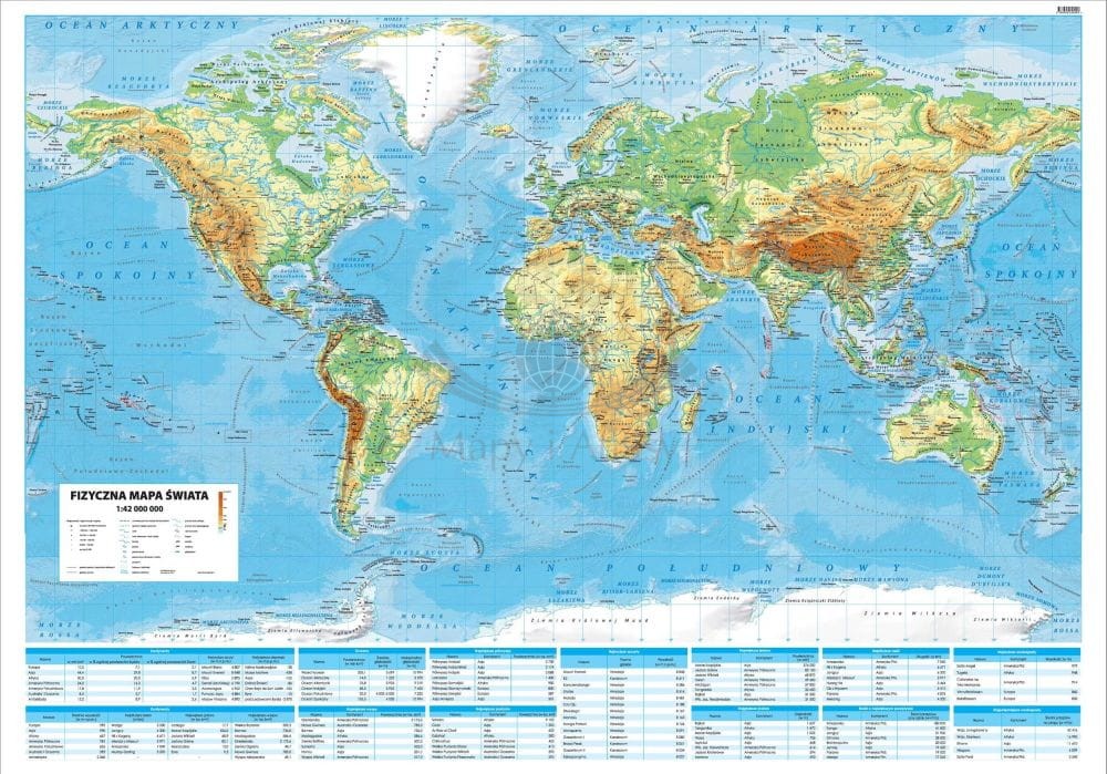 Świat 1:42 000 000. Arkusz, mapa ścienna fizyczna