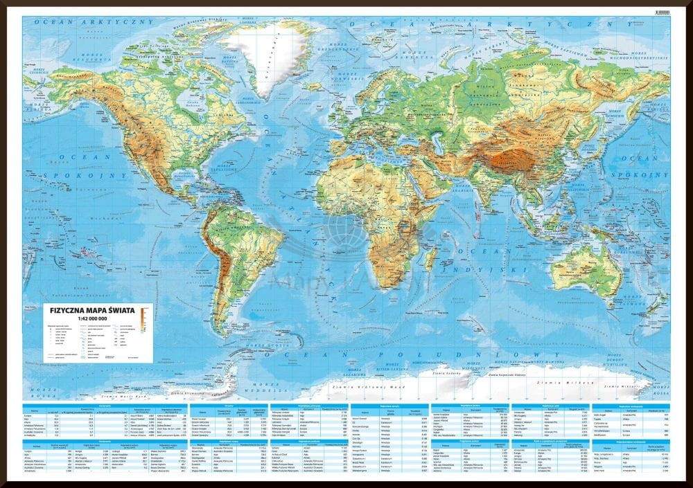 Świat 1:42 000 000. Mapa fizyczna w ramie drewnianej